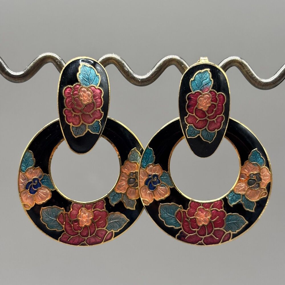 Vintage Cloisonne Enamel Earrings Pierced Convertible Hoop Drop Floral Statement